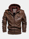Mens Washed PU Leather Zip Up Pocket Detachable Hooded Elastic Hem Thick Jackets - Brown