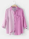 Contrast Color Stripe Pocket Long Sleeve Lapel Button Shirt - Purple