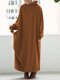 Solid Color Half Collar Long Sleeve Pocket Dress - Brown