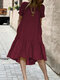 فستان متوسط الطول كاجوال من القطن بكشكشة ومنخفضة وحافة عالية - نبيذ أحمر