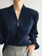 Solid Pleated Long Sleeve V-neck Blouse For Women - Navy