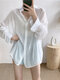 Solid Color Long Sleeve Turn-down Collar Asymmetrical Blouse For Women - White