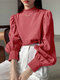 Solid Stand Collar Button Back Long Sleeve Blouse For Women - Pink