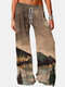Casual Landscape Print Elastic Waist Pants For Women - Coffee