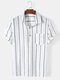 Mens Stripe Print Casual Short Sleeve White Henley Shirt With Pocket - White