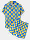 Mens Checkered Print Lapel Drawstring Shorts Two Pieces Outfits - Yellow