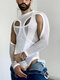 Mens Mesh Hollow Vests Long Sleeve Bodysuit Set - White