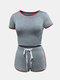 Women Sports Suit Drawstring Short Yoga Running Tracksuit - Grey