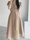 Women Solid V-Neck Casual Short Sleeve Dress With Belt - Apricot