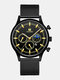 13 Colors Alloy Men Casual Business Fake Three-eye Sun Moon Star Mesh Strap Pointer Calendar Decorative Quartz Watches - Black Band Black Case Black Dial
