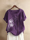 Printed Short Sleeve O-Neck Button Overhead T-shirt - Purple