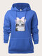 Plus Size Cartoon Cat Pattern Kangaroo Pocket Casual Hoodie - Blue