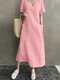 Vintage Short Sleeve V Neck Pockets Dress - Pink