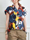 Abstract Pattern Floral Print Short Sleeve Lapel Blouse - Blue