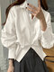 Solid Puff Long Sleeve Lapel Button Down Shirt For Women - White