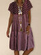 Polka Dot Stripe Plaid Print Patchwork Short Sleeve Dress For Women - Purple