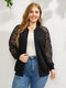 Plus Size Floral Lace Sleeve Patchwork Zip Front Baseball Collar Jacket - Black