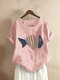 Fish Print Short Sleeve O-neck Casual Cotton T-shirt - Pink