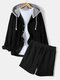 Mens Solid Corduroy Hooded Shirt Casual Two Pieces Outfits With Drawstring Shorts - Black