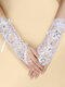 Women Dacron White Lace Flowers With Rhinestone Bandage Mid-length Decorative Fingerless Gloves - White