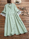 Casual Solid Color Pleated Button Bracelet Sleeve Stand Collar Midi Dress - Green
