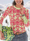 Vintage Calico Printed Long Sleeve O-neck Button T-shirt For Women - Red