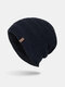 Men Hollow Knitted Plus Velvet Solid Color Geometric Jacquard Warmth Brimless Beanie Hat - Navy
