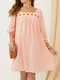 Floral Embroidery Square Collar 3/4 Length Sleeve Loose Vintage Dress - Pink