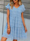 Floral Print V-neck Loose Ruffle Short Sleeve Dress For Women - Blue