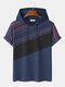 Mens Striped Print Color Block Short Sleeve Drawstring Hooded T-Shirts - Blue
