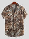 Mens Animal Printed Patchwork Chest Pocket Turn Down Collar Short Sleeve Shirts - Brown
