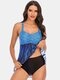Plus Size Women Ombre Wave Print Backless Cover Belly Swimdress Beachwear - Blue