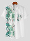 Mens Tropical Plant Print Patchwork Stand Collar Shirt - White