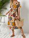 Tribal Flower Print O-neck Pocket Short Sleeve Vintage Dress - Apricot