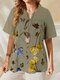 T-shirt de mangas curtas de mangas curtas com estampa de flores vintage Plus para mulheres - cinzento