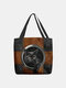 Women Felt Black Cat Print Handbag Tote - Coffee