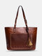 Vintage Tassel Pocket Decor Patchwork Art Solid Large Capacity Tote Handbag - Dark Brown