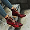 Plus Size Women Fashion Pointed Toe Serpentine Chunky Heel Strappy Boots - Red