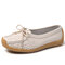 Women Breathable Hollow Leather Round Toe Butterfly Knot Flats - Beige