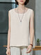 Solid Round Neck Sleeveless Casual Cotton Women Tank Top - Beige