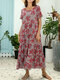 Floral Print Patchwork Short Sleeve Vintage Dress For Women - Red