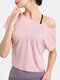 Solid Color Short Sleeve O-neck Sport Crop Top - Pink