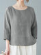 Women Solid Crew Neck Cotton Casual 3/4 Sleeve Blouse - Gray