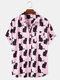 Mens Black Cat Allover Print Breathable Chest Pocket Short Sleeve Shirts - Pink
