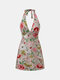 Allover Flower Print Self Tie Halter Open Back Mini Dress - White
