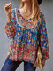 Vintage Floral Pattern Patchwork Knotted Loose Women Blouse - Navy