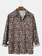 Mens Leopard Print Casual Lapel Collar Loose Fit Holiday Long Sleeve Shirts - Brown