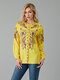 Цветочный принт V-образный вырез с длинным рукавом Размер Plus Повседневная блузка - Желтый