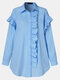 Women Solid Color Ruffle Patchwork Long Sleeve Casual Blouse - Blue