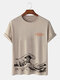 Camisetas de manga corta de algodón con estampado de eslogan Wave para hombre Cuello - Caqui